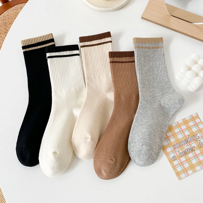 5 Pairs Classic Crew Casual  Sporty Striped Quarter Length Crew Sock Pack