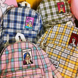 Aesthetic Coloursful Plaid Girls Drawings School Backpacks