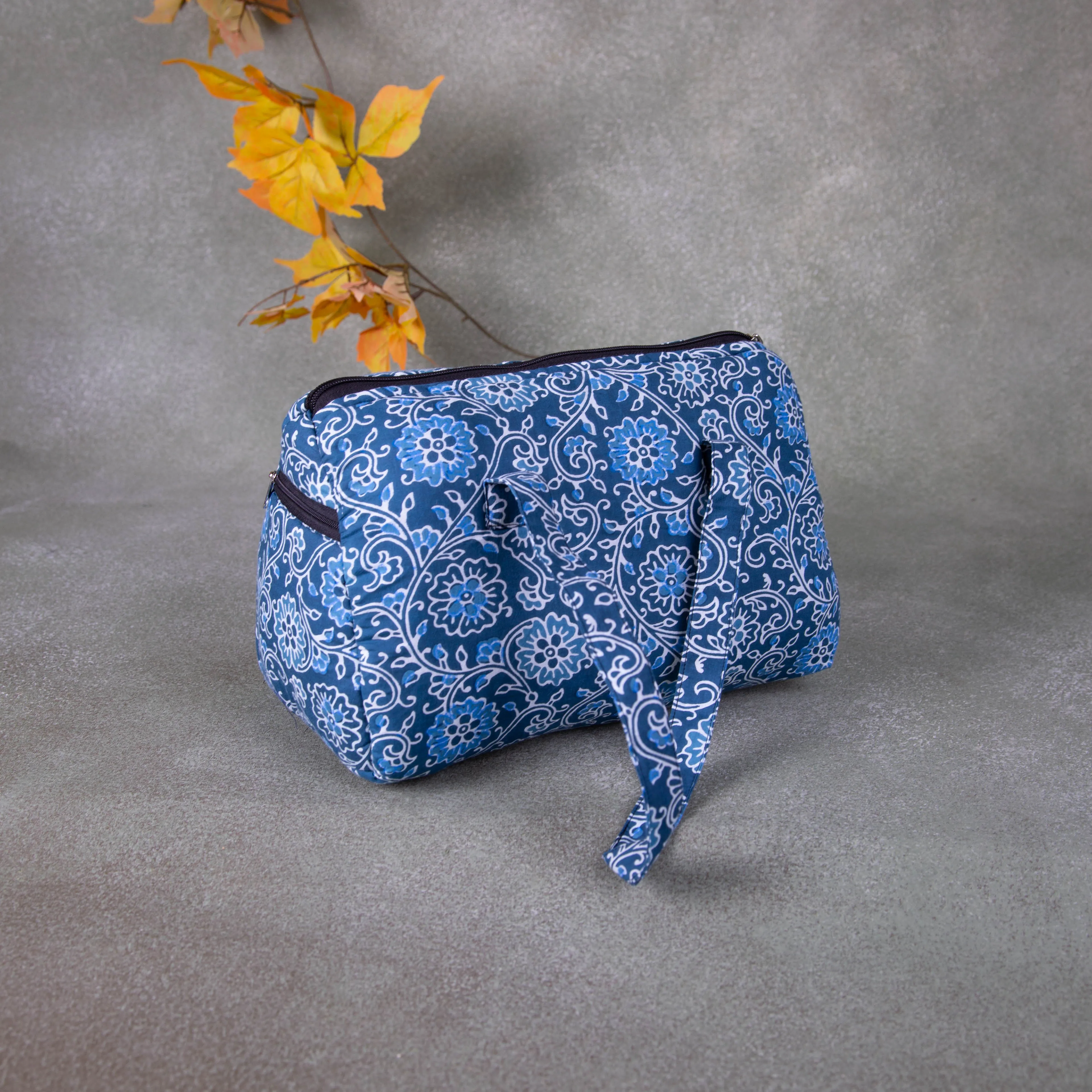 Barrel Handbags Blue Colour with White Flower Design.