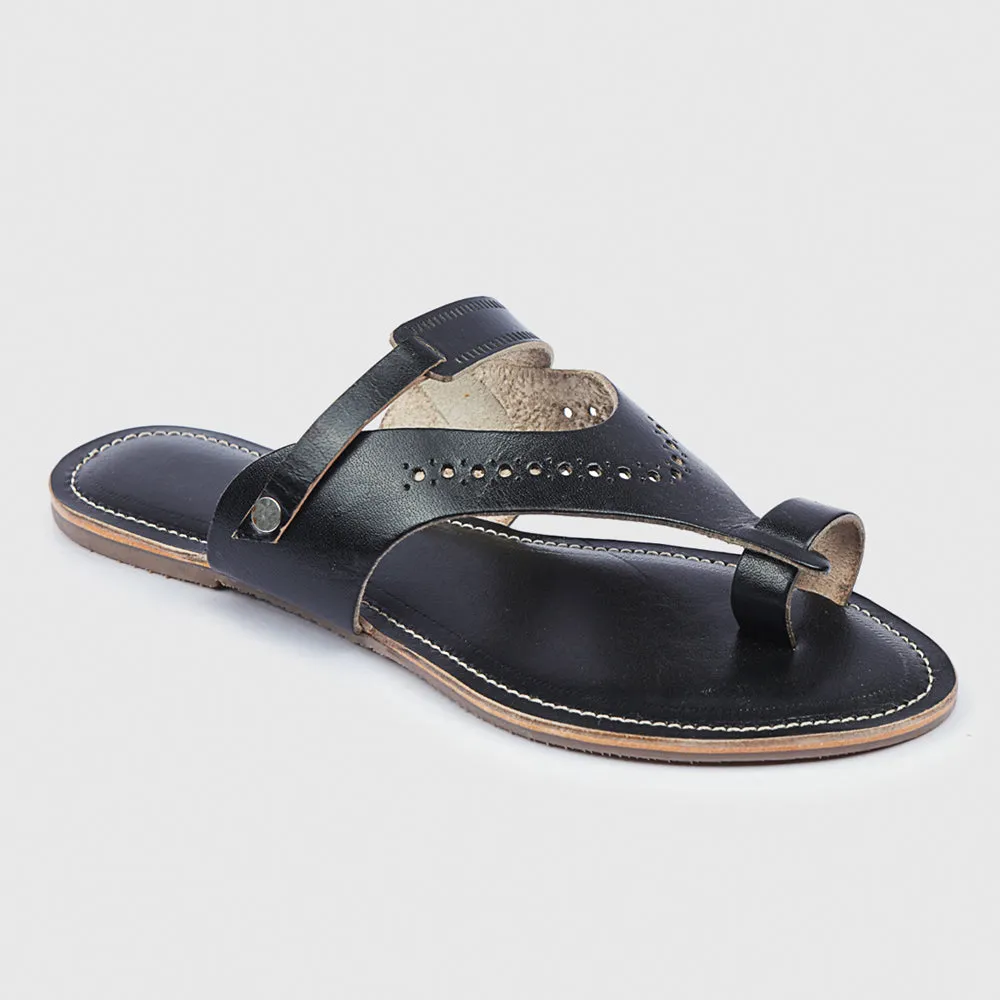 Black Handstitched Leather Kolhapuri Women Slipper