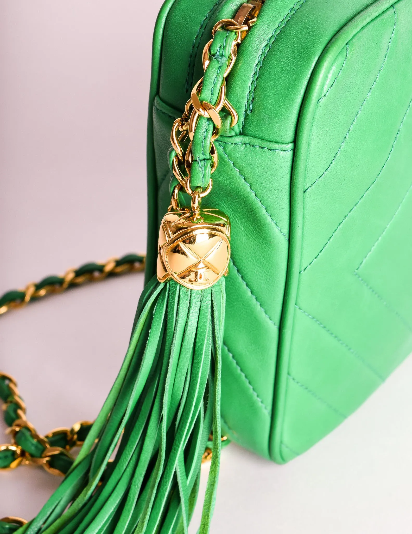 Chanel Vintage Kelly Green Lambskin CC Logo Tassel Shoulder Camera Bag