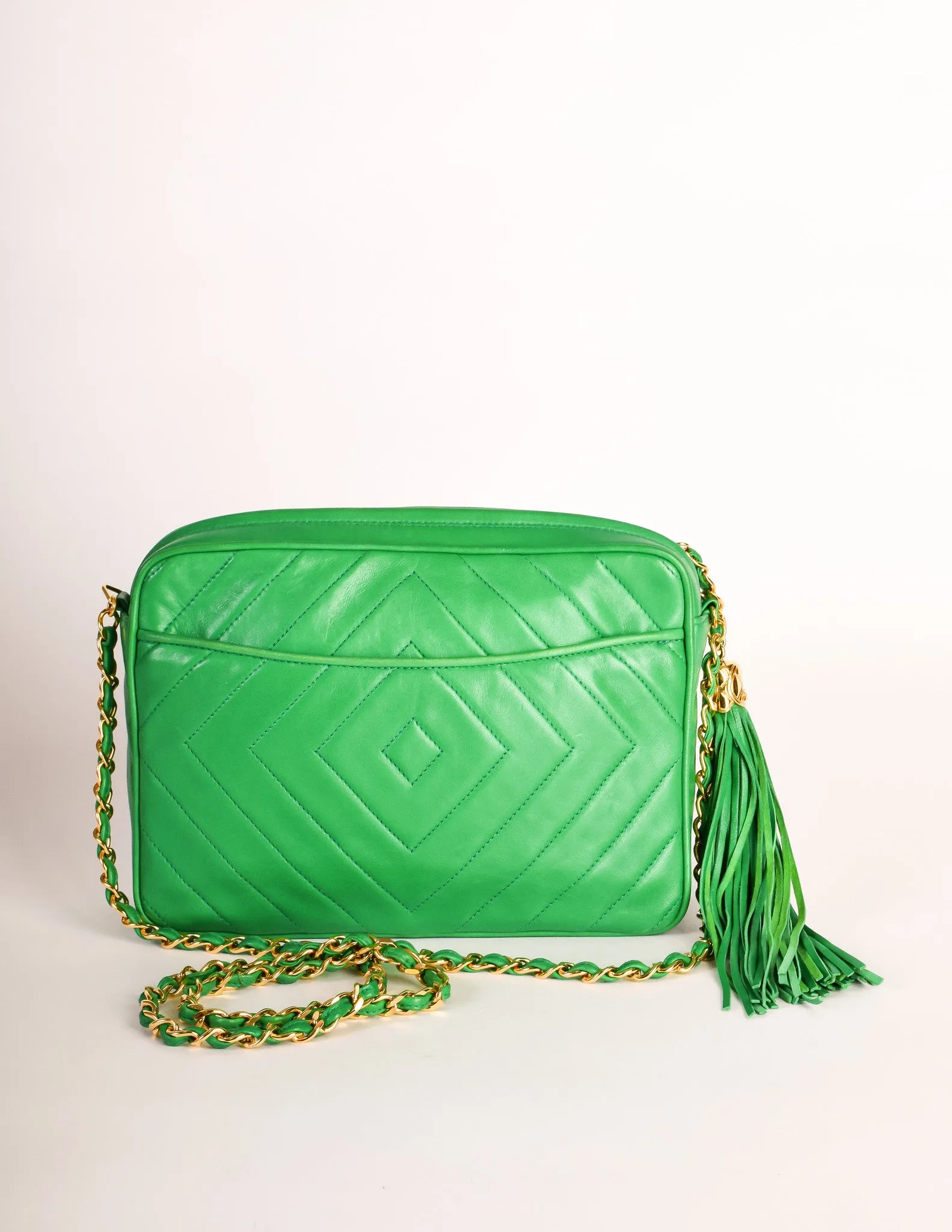 Chanel Vintage Kelly Green Lambskin CC Logo Tassel Shoulder Camera Bag