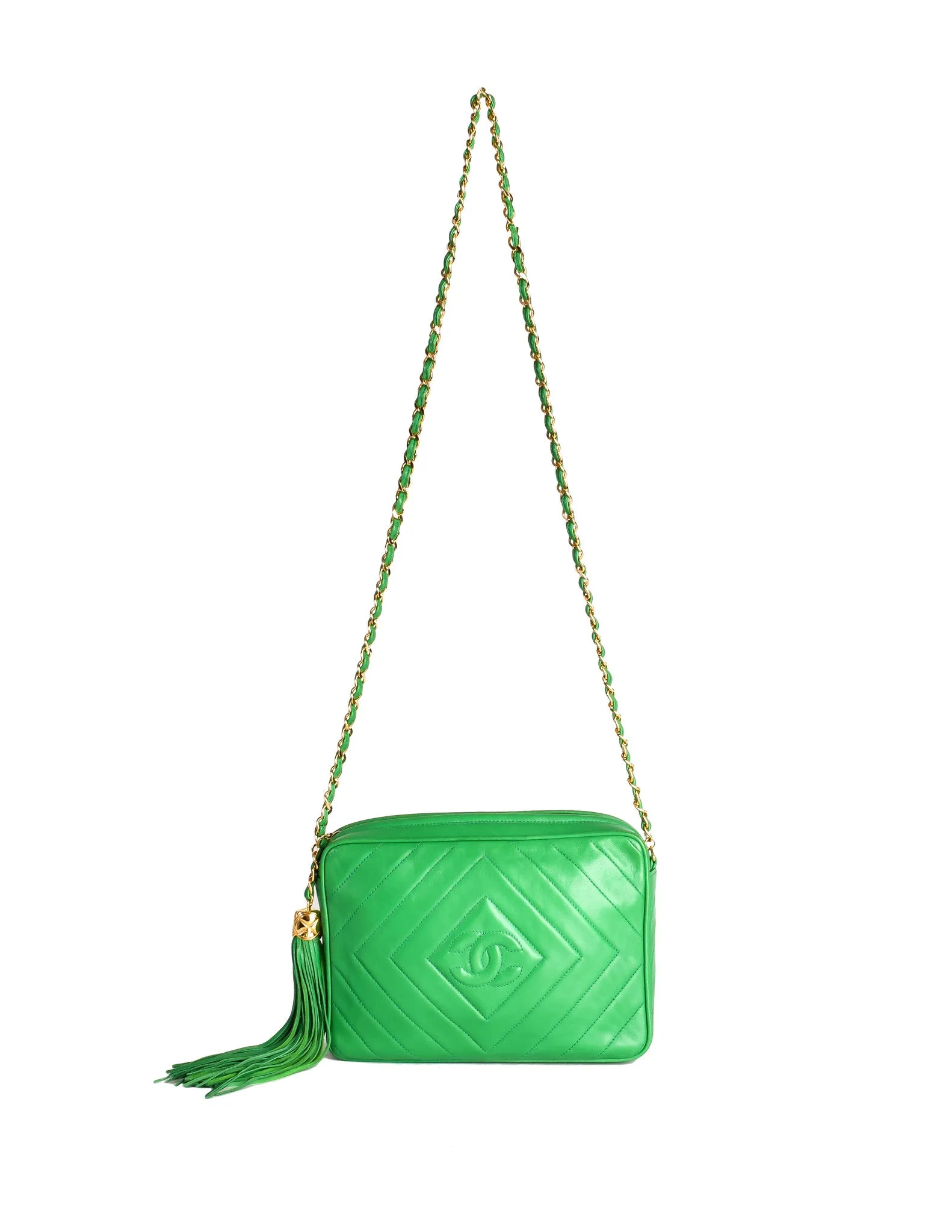 Chanel Vintage Kelly Green Lambskin CC Logo Tassel Shoulder Camera Bag