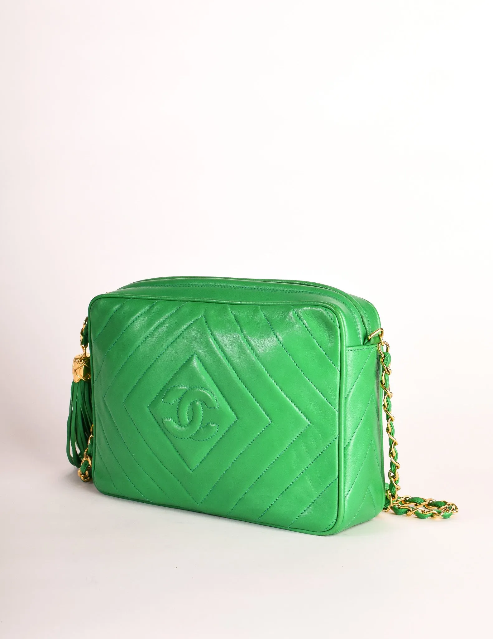 Chanel Vintage Kelly Green Lambskin CC Logo Tassel Shoulder Camera Bag