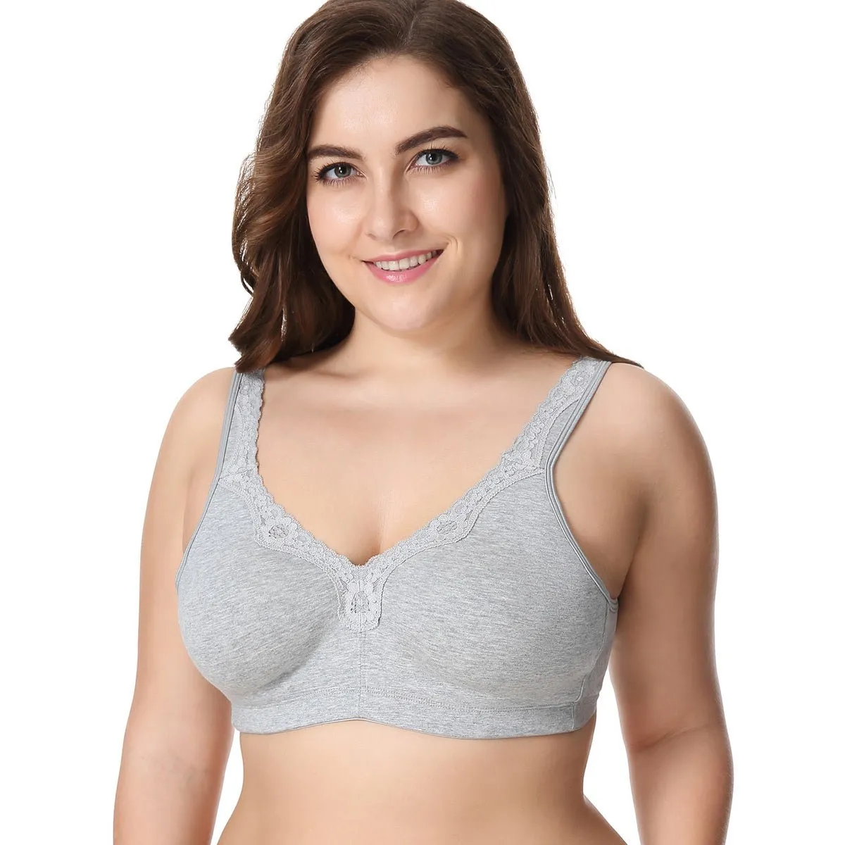 Comfort Cotton Wireless Unlined Plus Size Full Coverage Grey Lace Bra