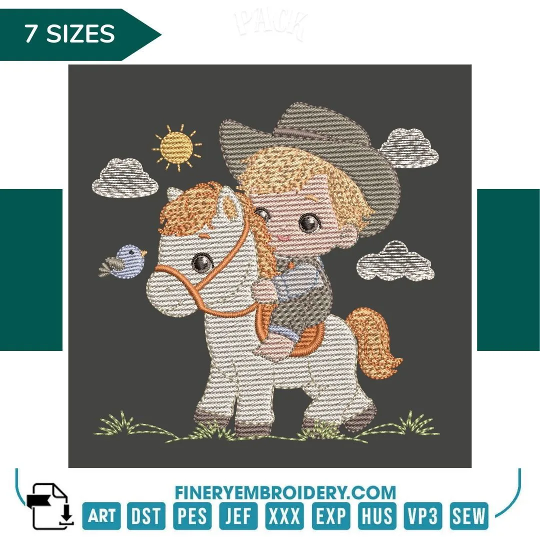 Cowboy Kid on Horse Embroidery Design – FineryEmbroidery