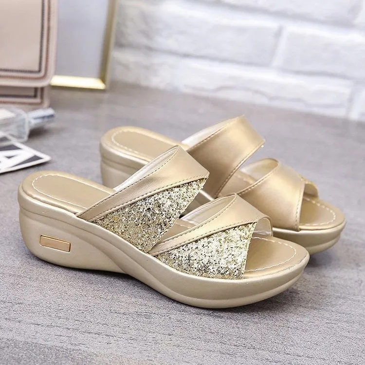 Foreign Trade Cross-Border plus Size Wedge Sandals Women's  Summer New Sequined Peep Toe Platform Outdoor Slippers Wholesale