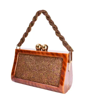 Fre-Mor Vintage 1940s-50s Butterscotch Lucite Copper Beaded Inlay Handbag