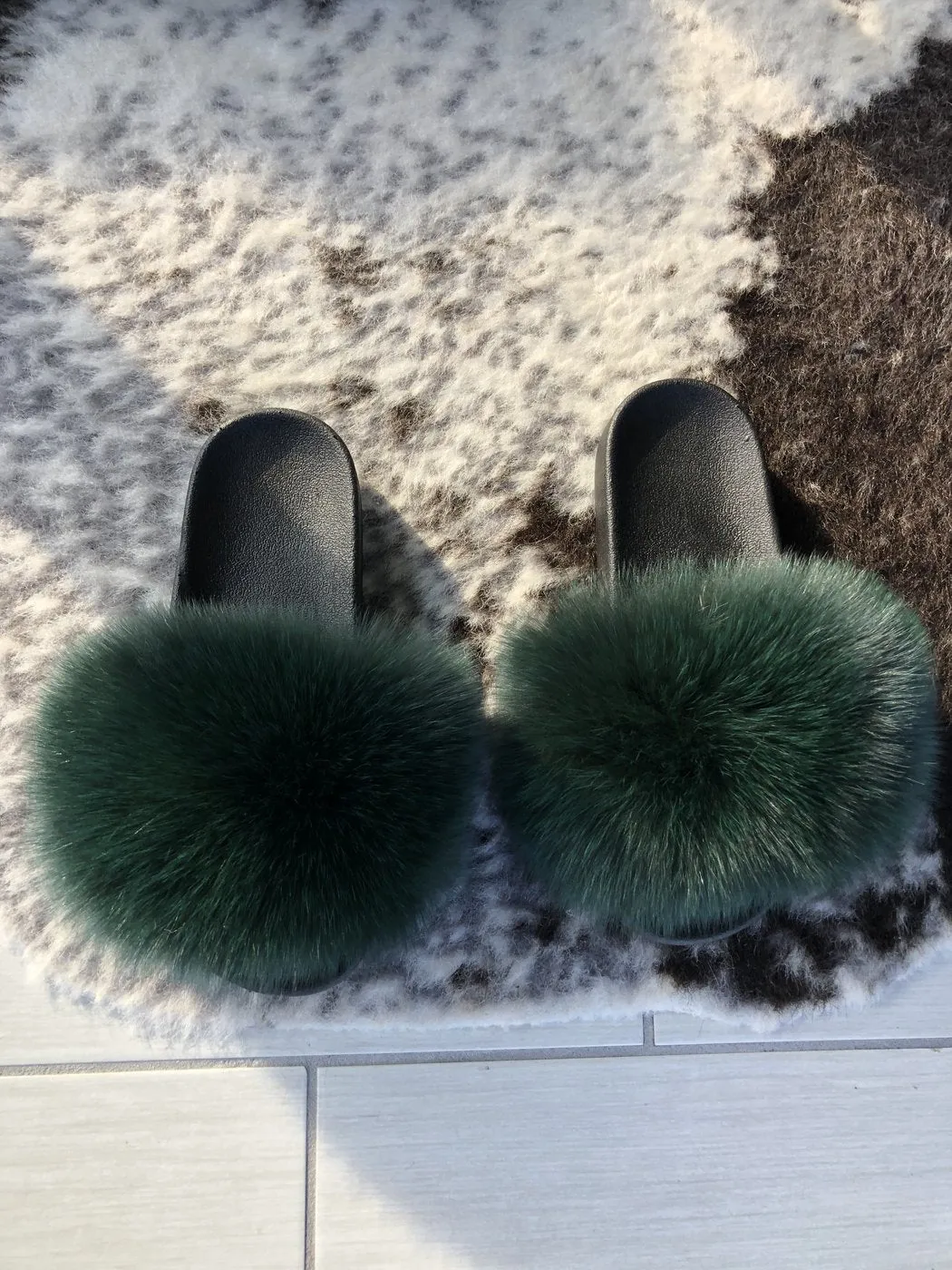 Fur Slides Slippers - Forest Green