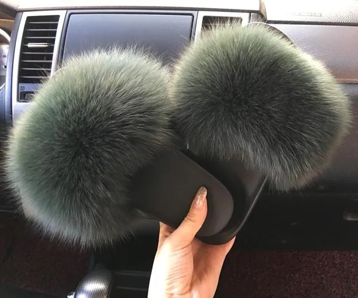 Fur Slides Slippers - Forest Green