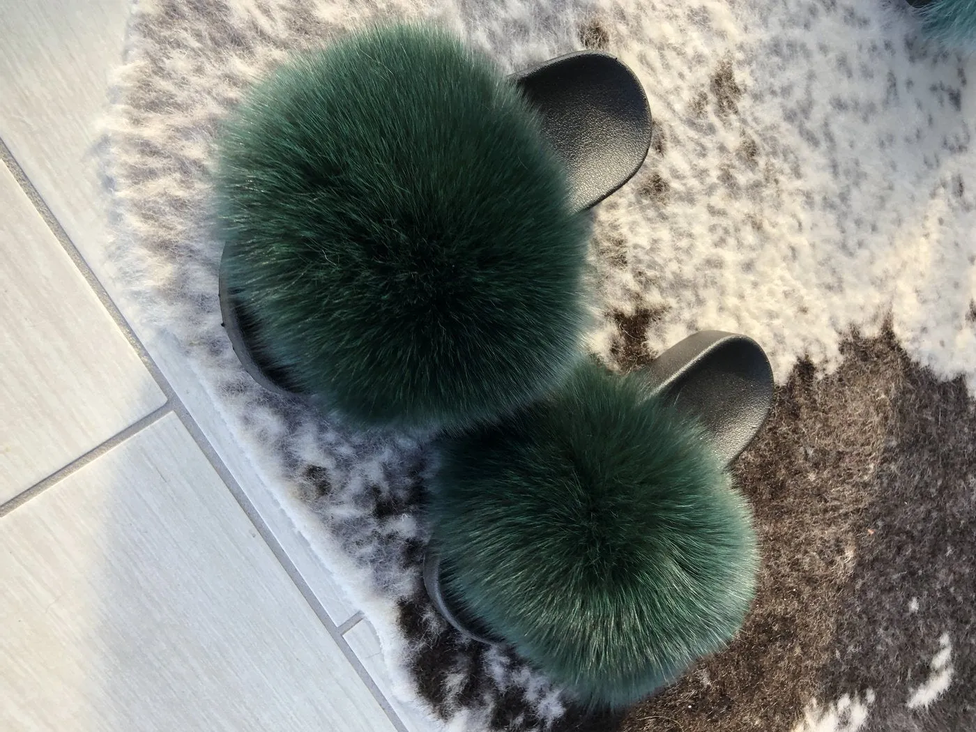 Fur Slides Slippers - Forest Green