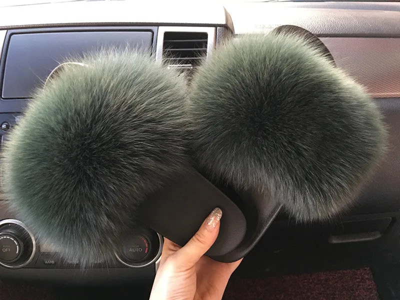 Fur Slides Slippers - Forest Green