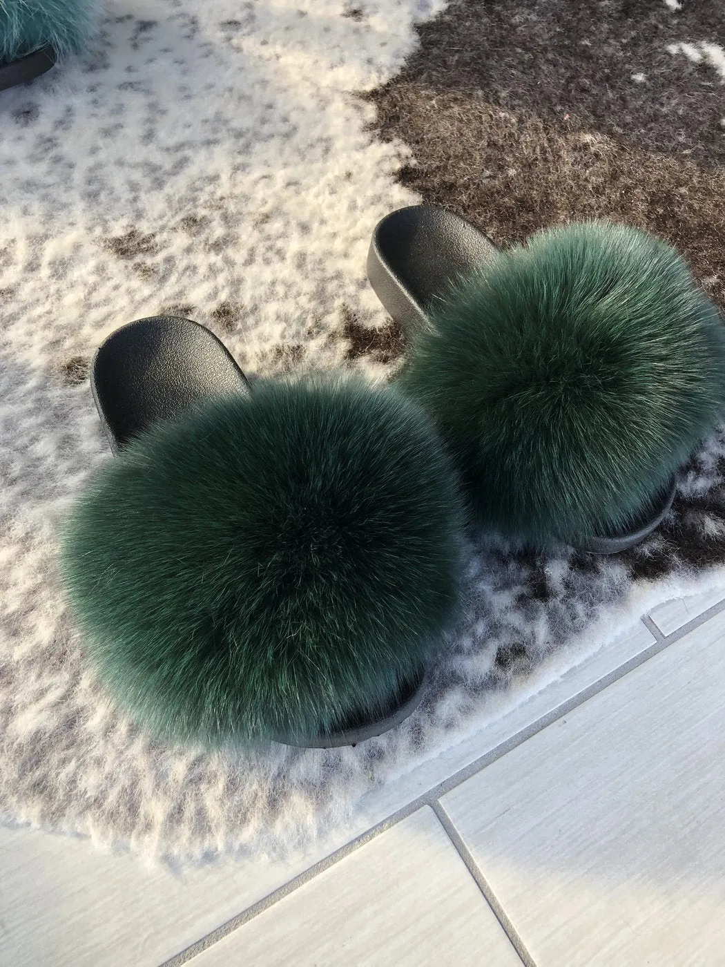 Fur Slides Slippers - Forest Green