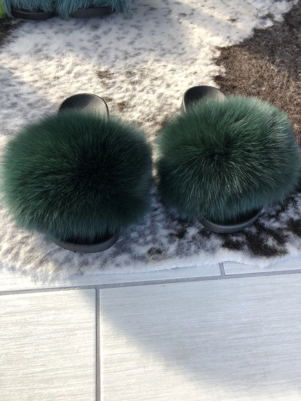 Fur Slides Slippers - Forest Green