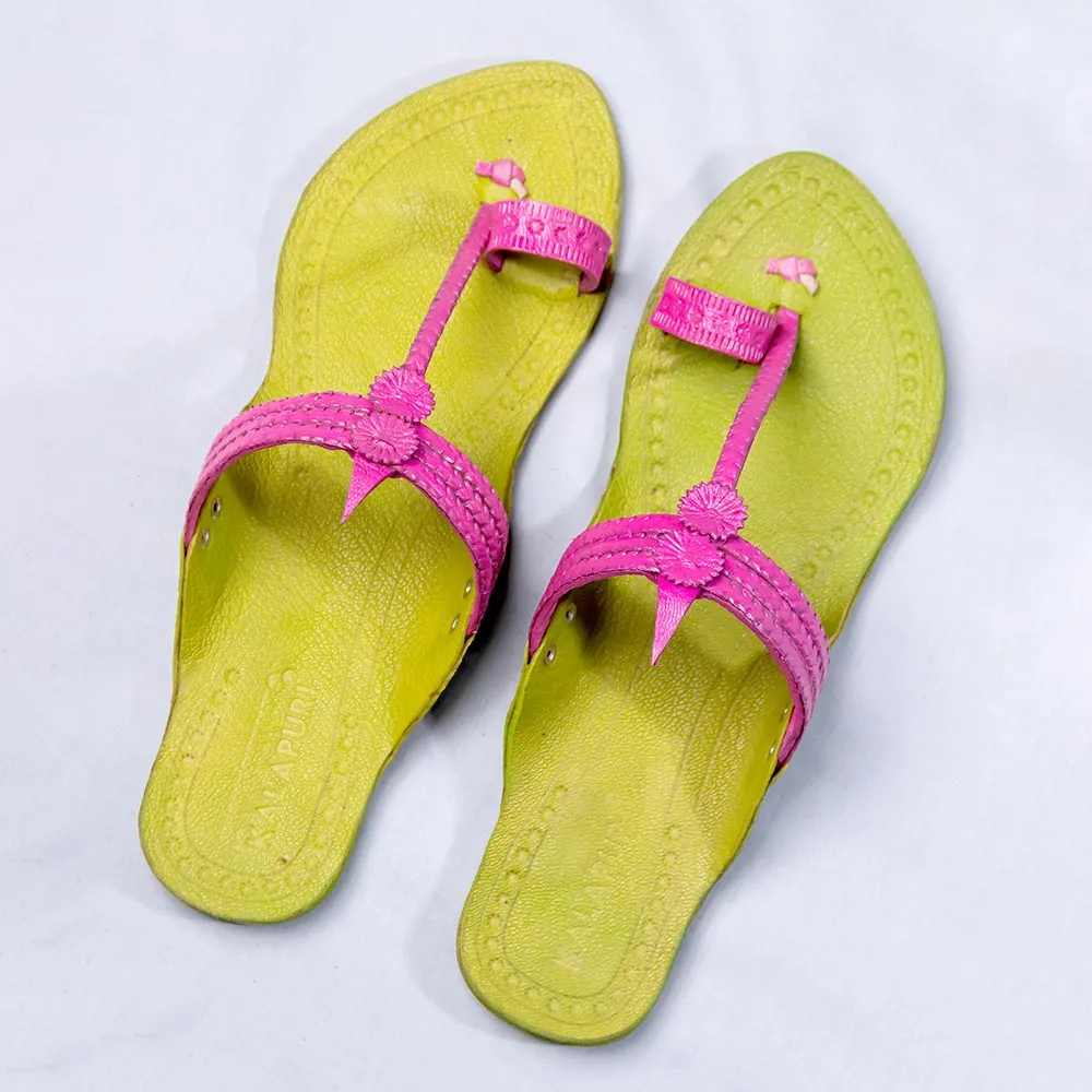 Green - Women Braided Beauty: Kolhapuri Leather Slippers with Floral Die Punch