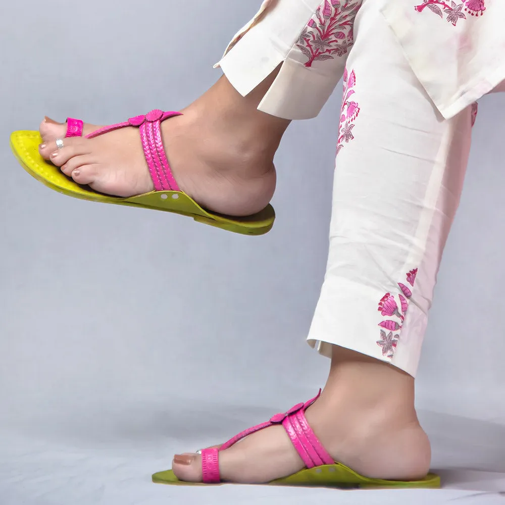 Green - Women Braided Beauty: Kolhapuri Leather Slippers with Floral Die Punch