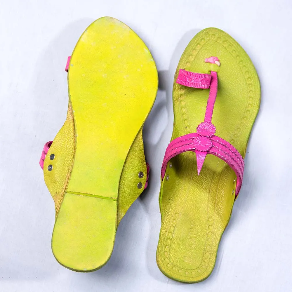 Green - Women Braided Beauty: Kolhapuri Leather Slippers with Floral Die Punch