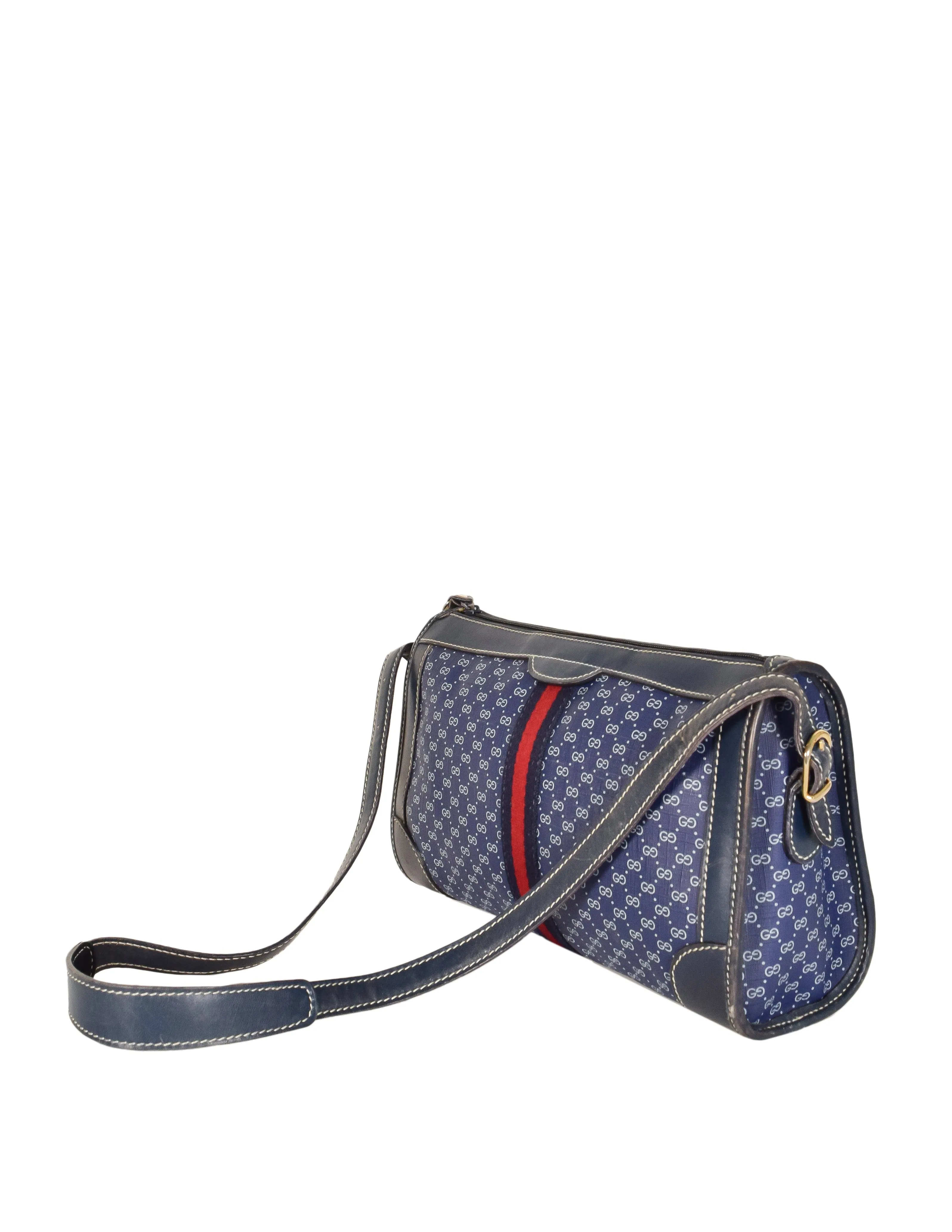 Gucci Vintage 1970s Blue Monogram Web Stripe Coated Canvas Leather Shoulder Bag