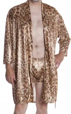 Men's Metallic Foil Short Wrap Robe in Gold Animal Print - OS