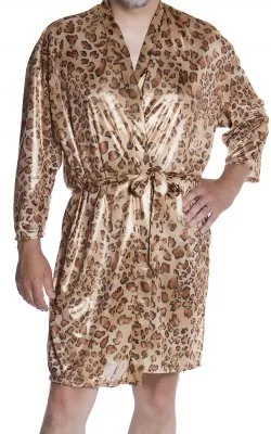 Men's Metallic Foil Short Wrap Robe in Gold Animal Print - OS