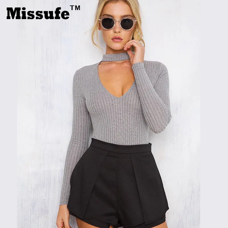 Missufe 2016 Autumn Elegant Halter Knitted Playsuit Winter Pullover Bodysuit Women Tops Slim V-Neck Jumpsuit Casual Pull Femme