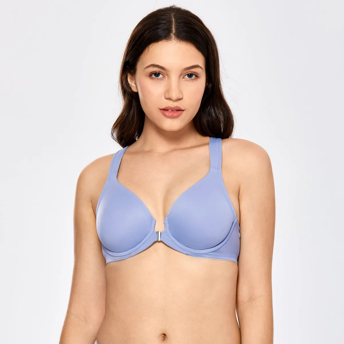 Natural Look Seamless Front Closure Mesh Wing Underwire Blue Bra