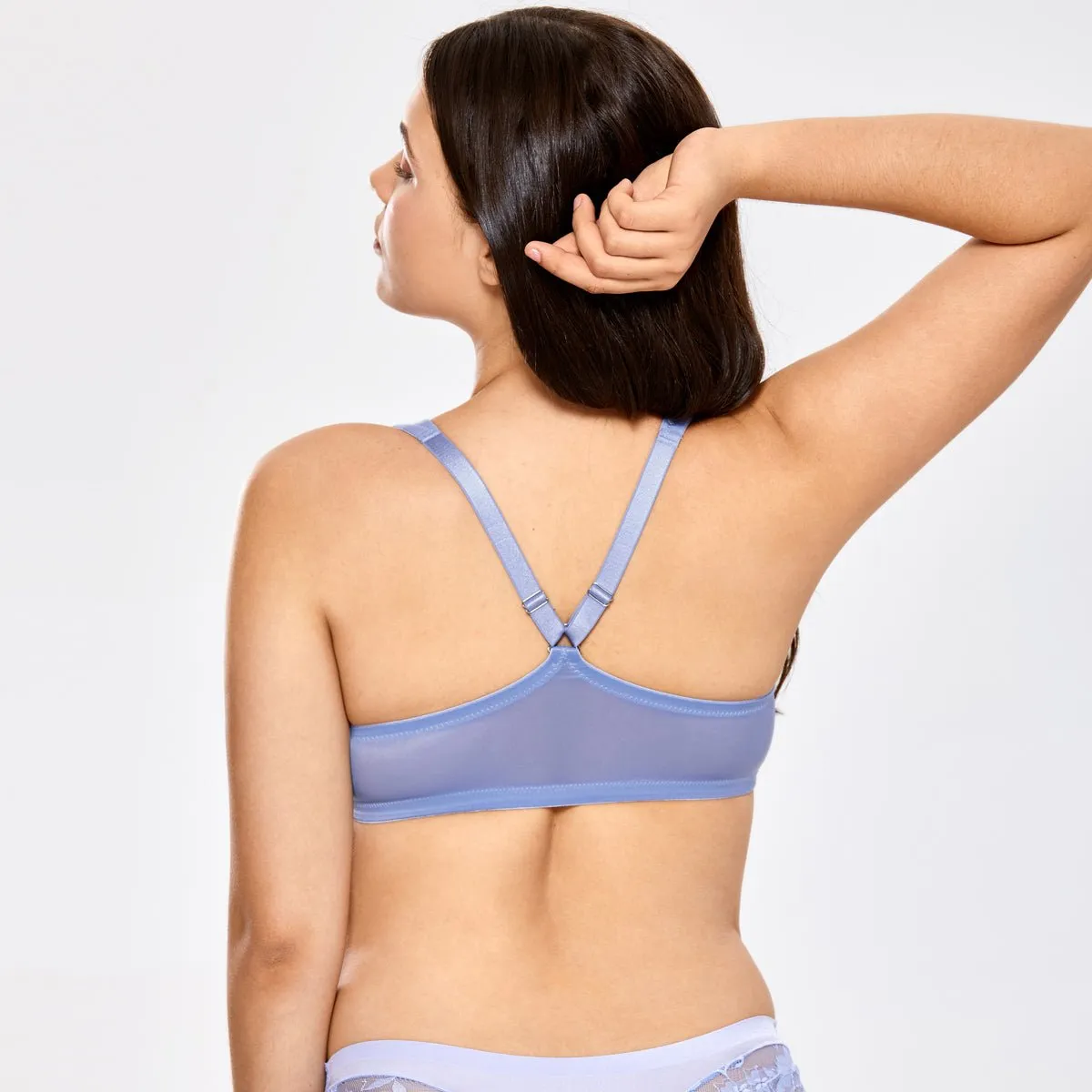 Natural Look Seamless Front Closure Mesh Wing Underwire Blue Bra