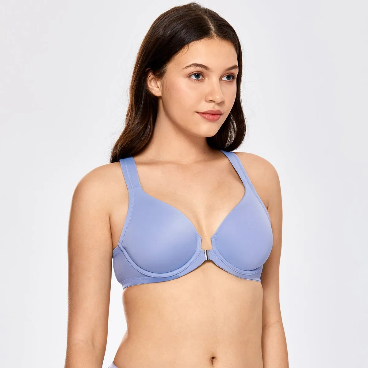 Natural Look Seamless Front Closure Mesh Wing Underwire Blue Bra