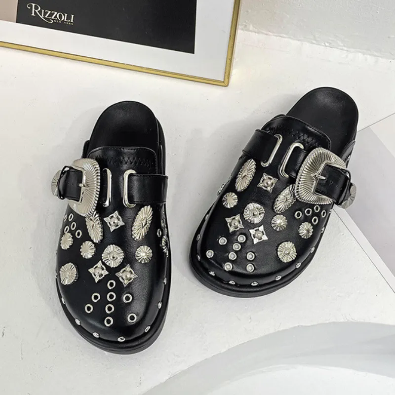 OCW Women Sandals Platform Rivets Punk Rock Leather Mules Metal Fittings Slipper