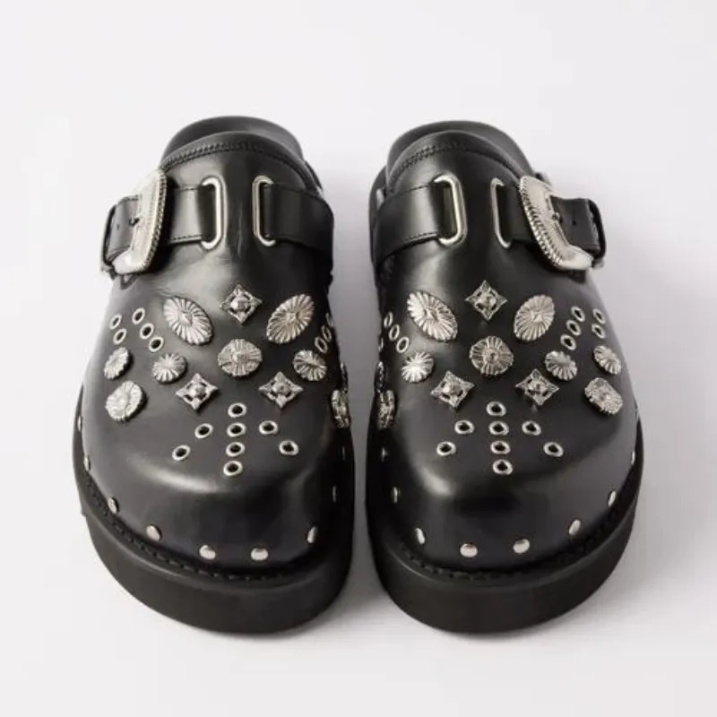 OCW Women Sandals Platform Rivets Punk Rock Leather Mules Metal Fittings Slipper