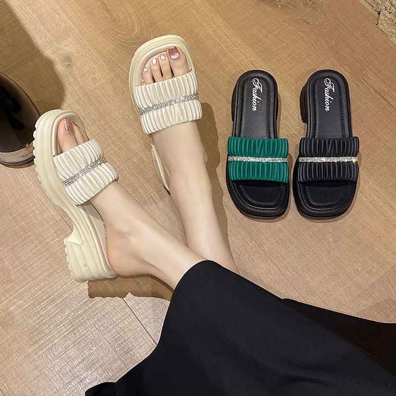 Platform Slippers Women's  New Casual Women's Sandals Summer Outdoor Beach Fashion Rhinestone Slippers Women's