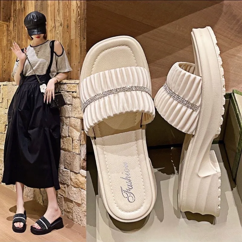 Platform Slippers Women's  New Casual Women's Sandals Summer Outdoor Beach Fashion Rhinestone Slippers Women's