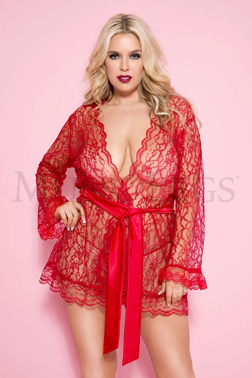 Plus Size All Over Floral Lace Short Robe