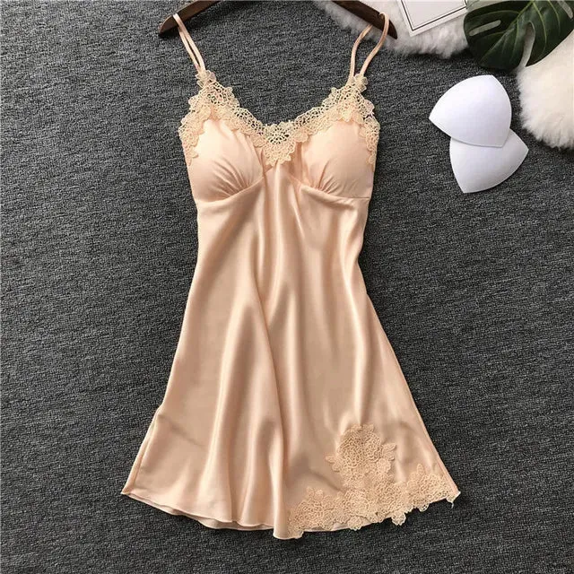 Sexy Ice Silk Satin Suspender Nightdress with Lace Details