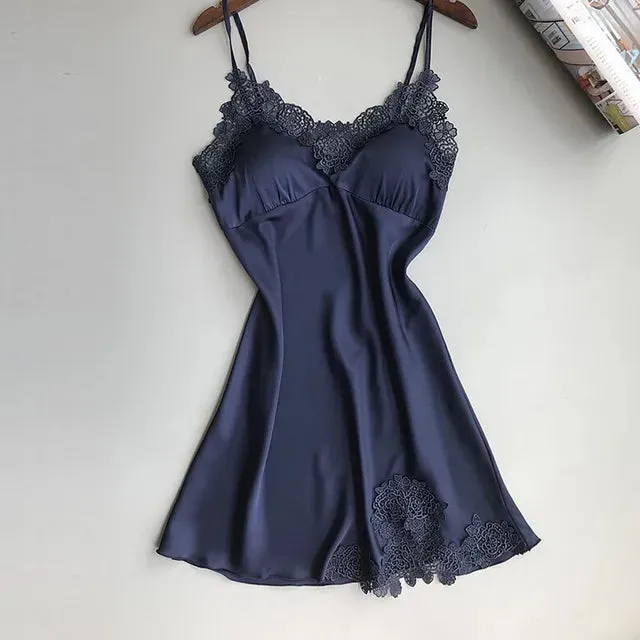 Sexy Ice Silk Satin Suspender Nightdress with Lace Details