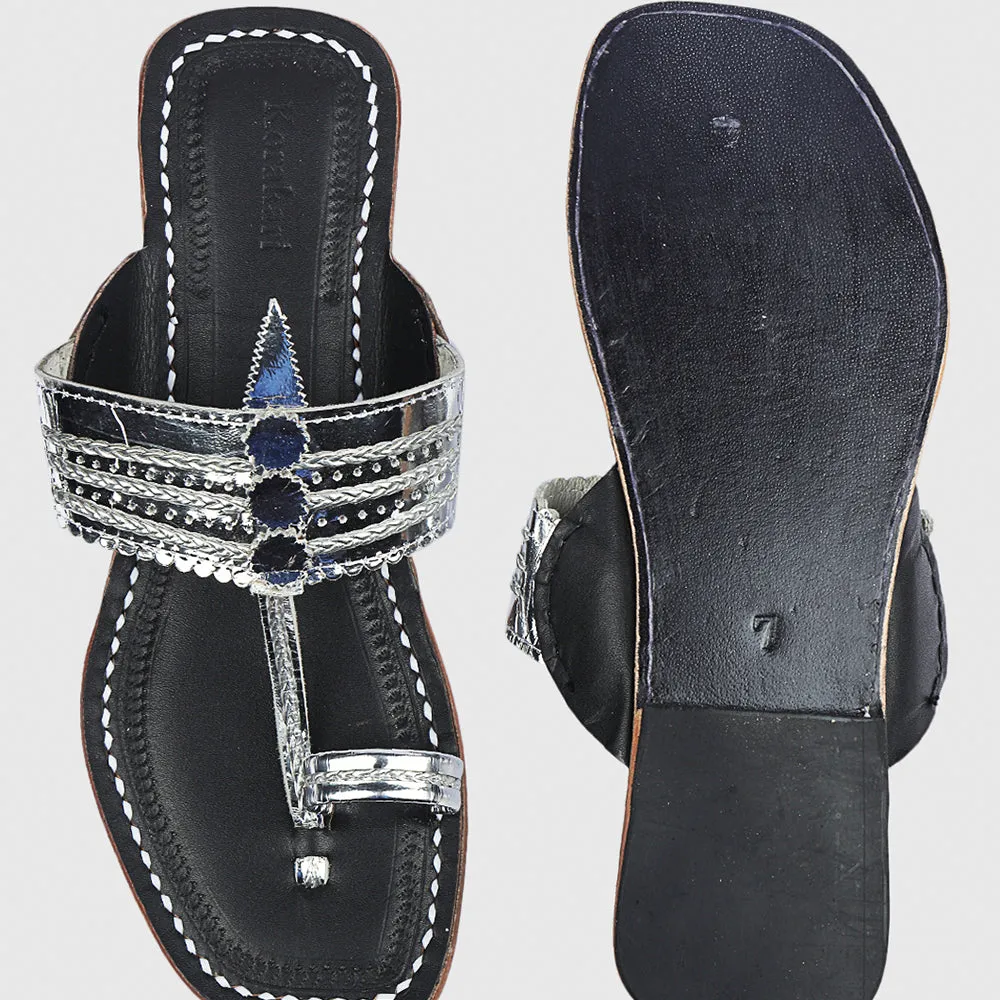 Silver & Black Handstitched Leather Kolhapuri Women Slipper