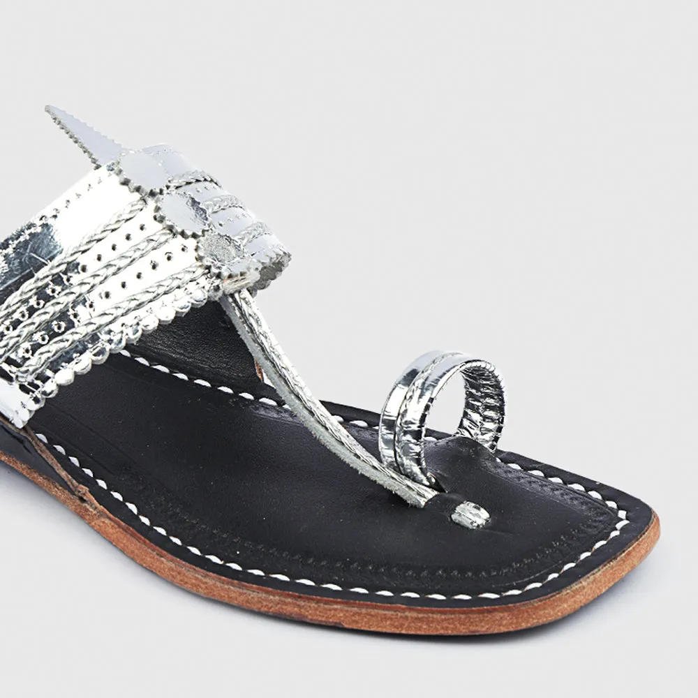 Silver & Black Handstitched Leather Kolhapuri Women Slipper