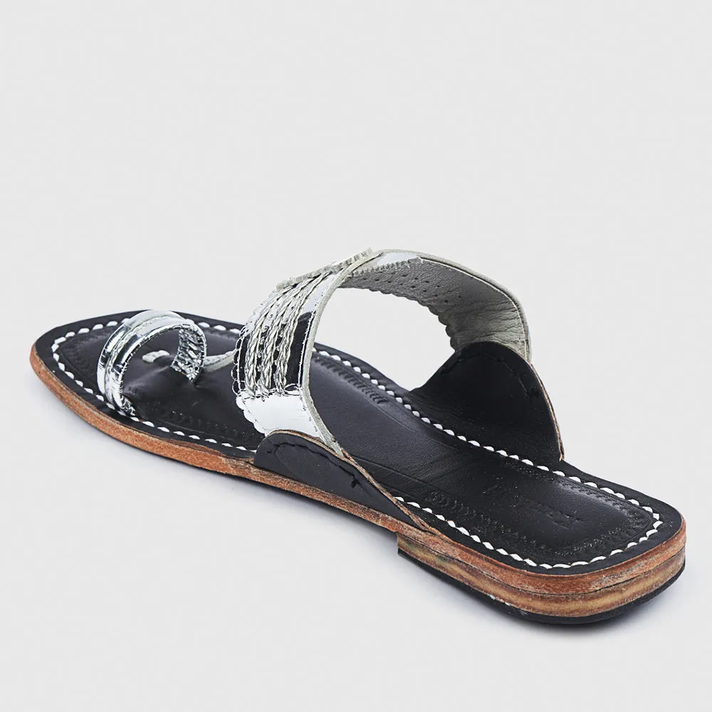 Silver & Black Handstitched Leather Kolhapuri Women Slipper