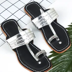 Silver & Black Handstitched Leather Kolhapuri Women Slipper