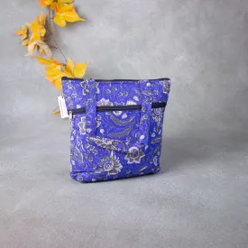 Small Handbag Blue Colour with Grey Flower Design.