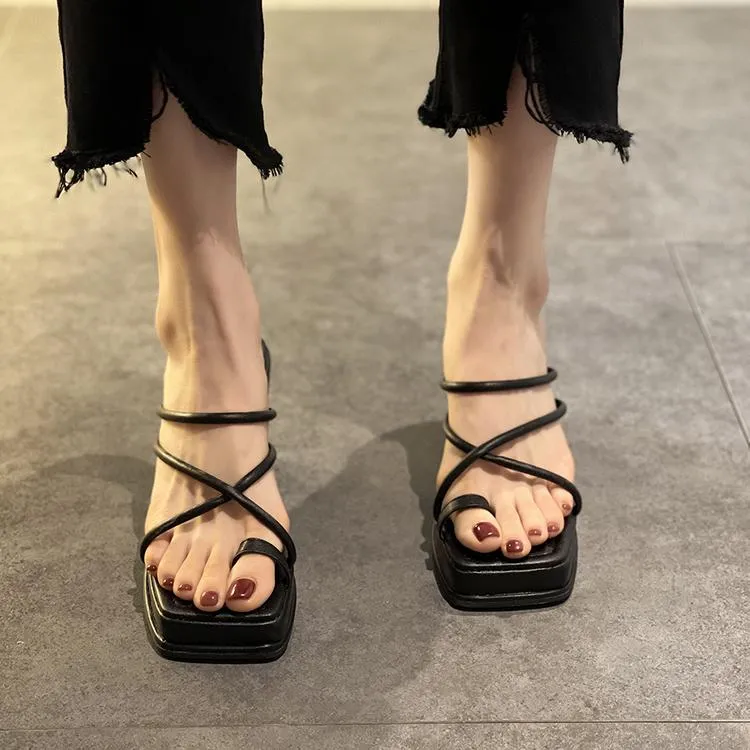 Square Toe Slippers Rubber Platform Sandals