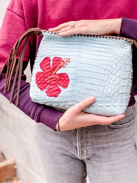 Sueded Croc Hibiscus Clutch