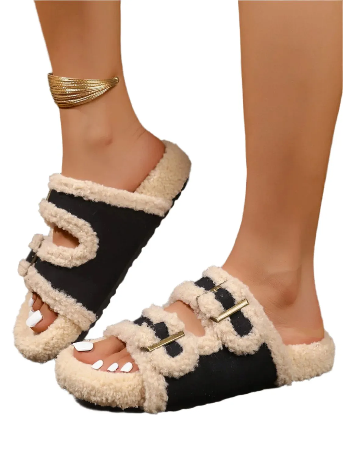 TEEK - Faux Fur Contrast Open Toe Slippers