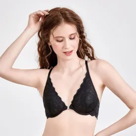 Vintage Lace Pattern Front Closure Wireless Black Bra