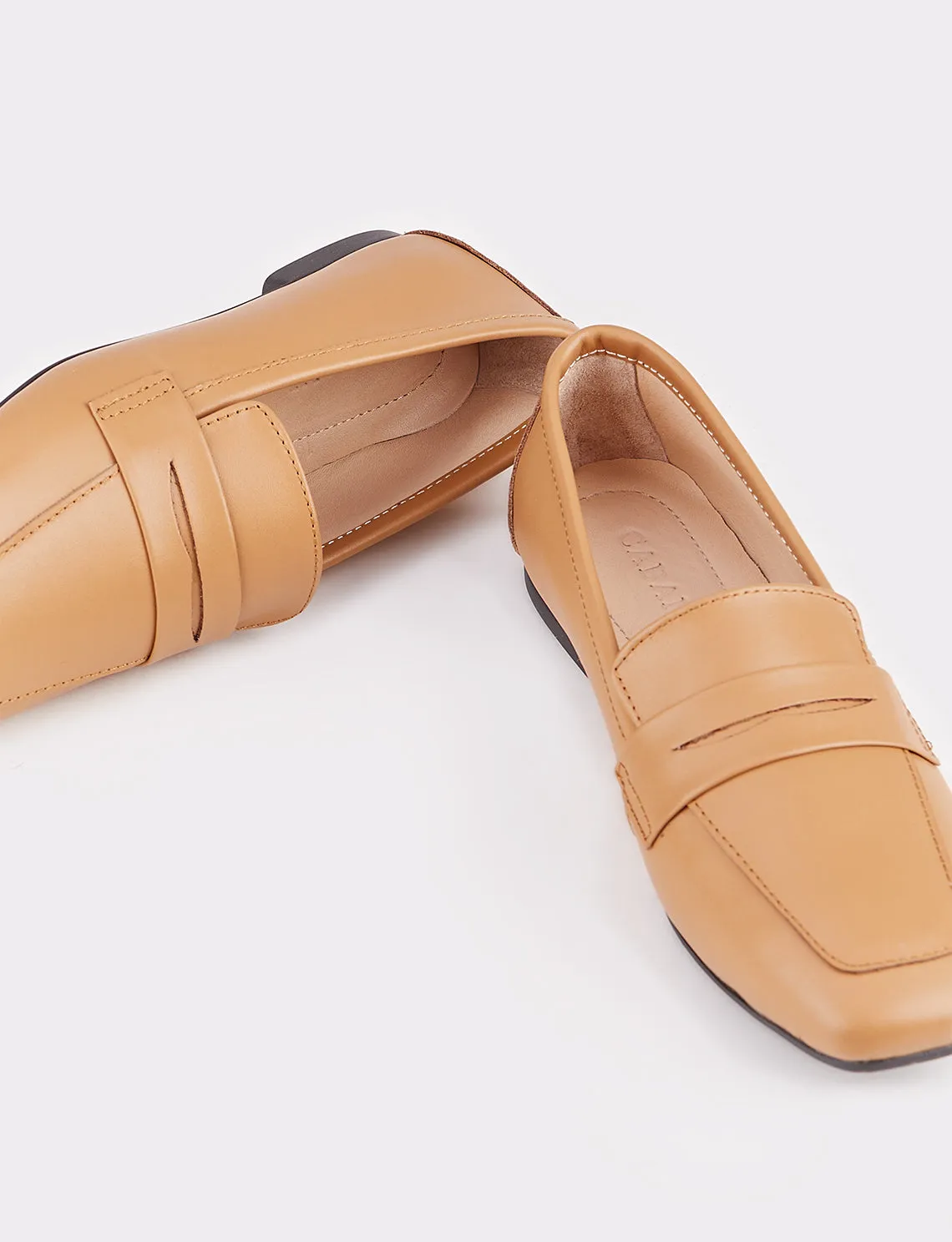 Women Camel Genuine Leather Square Toe Flat Shoes