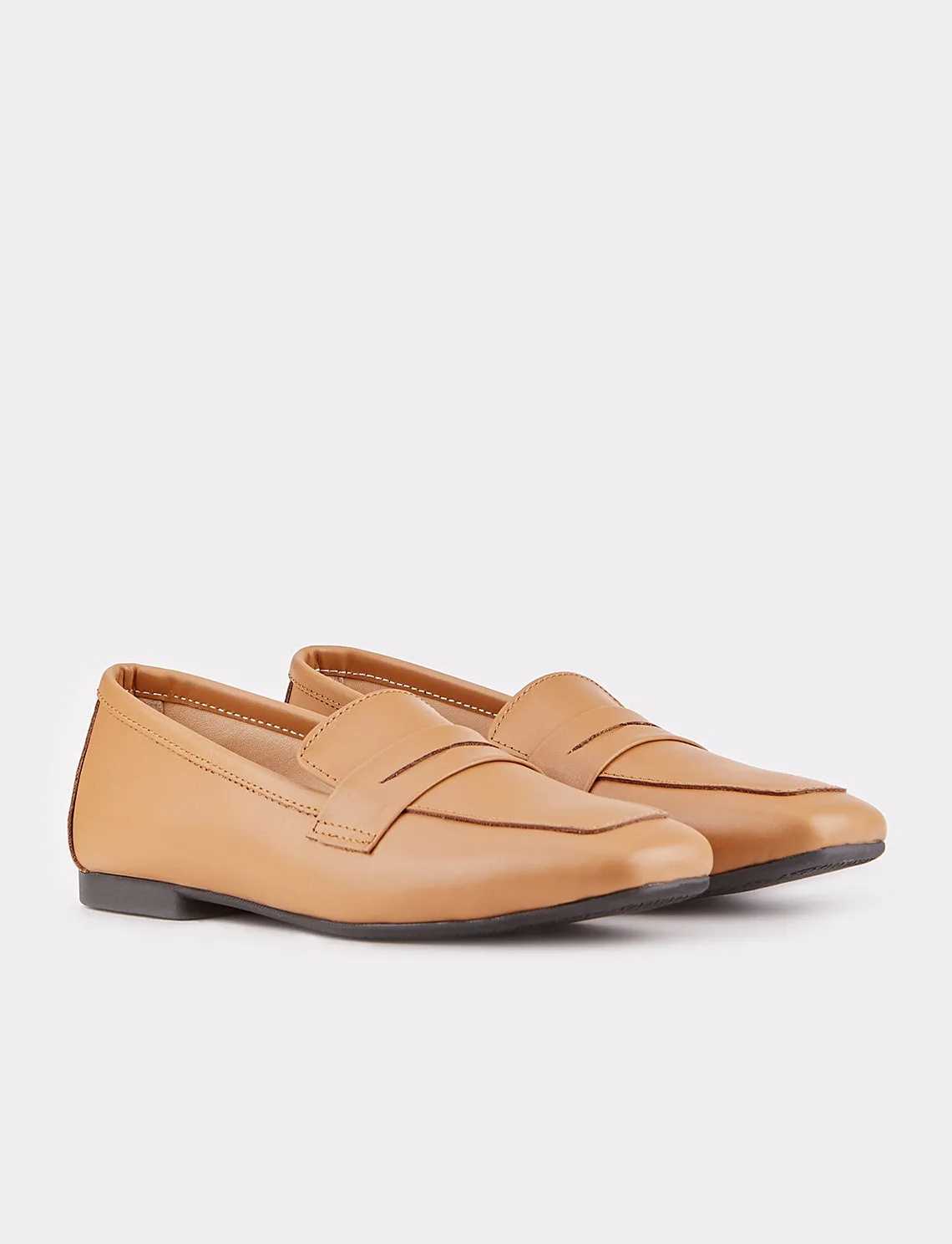 Women Camel Genuine Leather Square Toe Flat Shoes