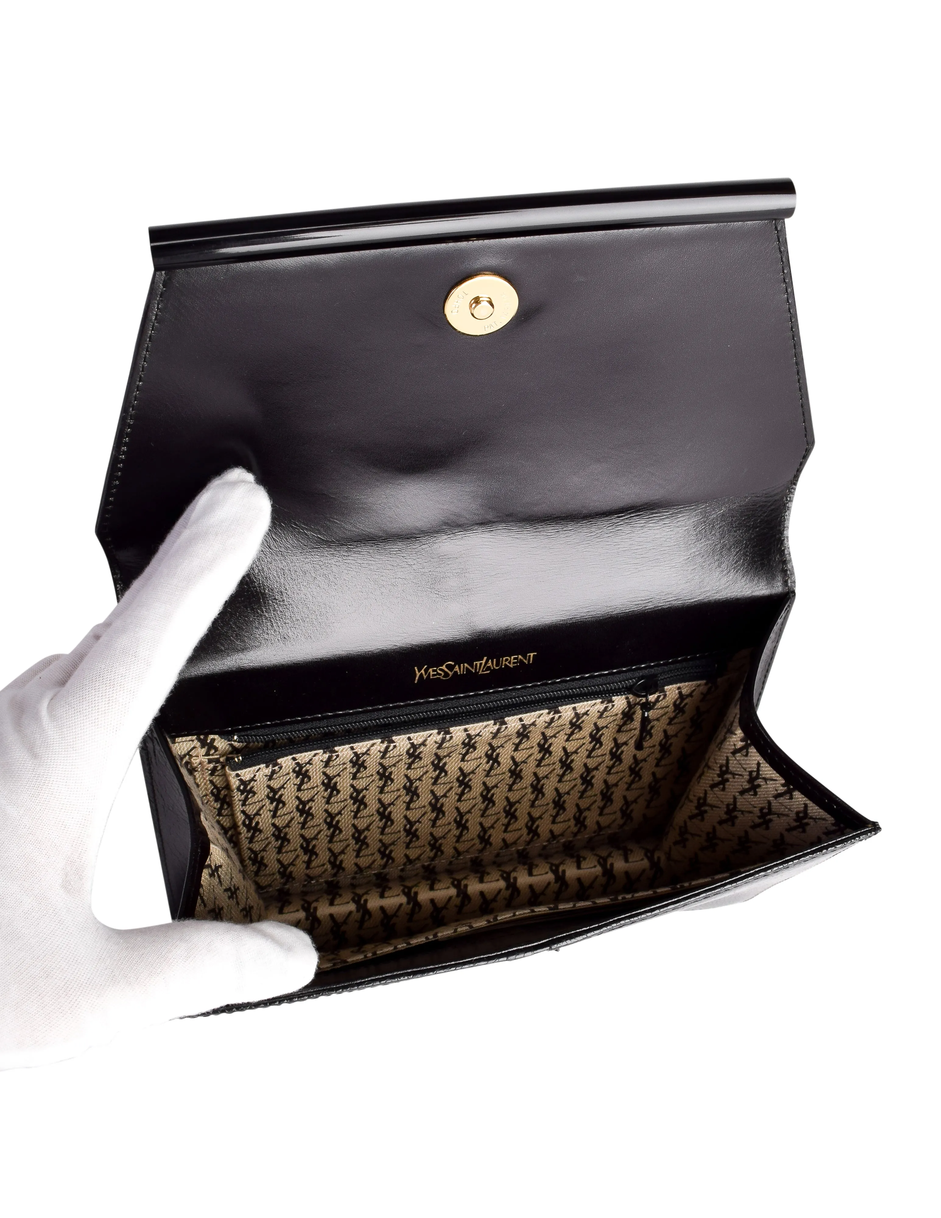 Yves Saint Laurent Vintage 1970s Black Crocodile Embossed Leather Clutch Bag